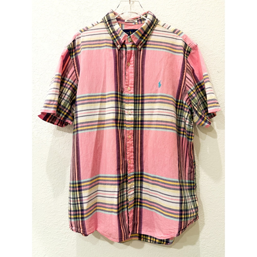 Ralph Lauren Men's XL Madras Plaid Shirt Pink Multicolor Short Sleeve Preppy